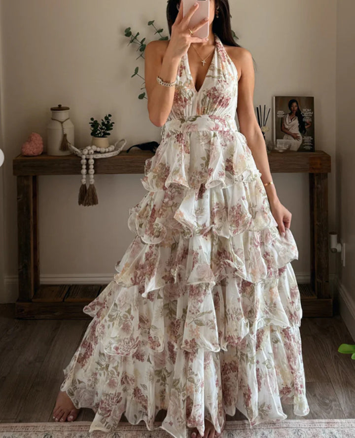 Fashionable Sexy V-Neck Strap Multi-Layer Printed Dress for Women