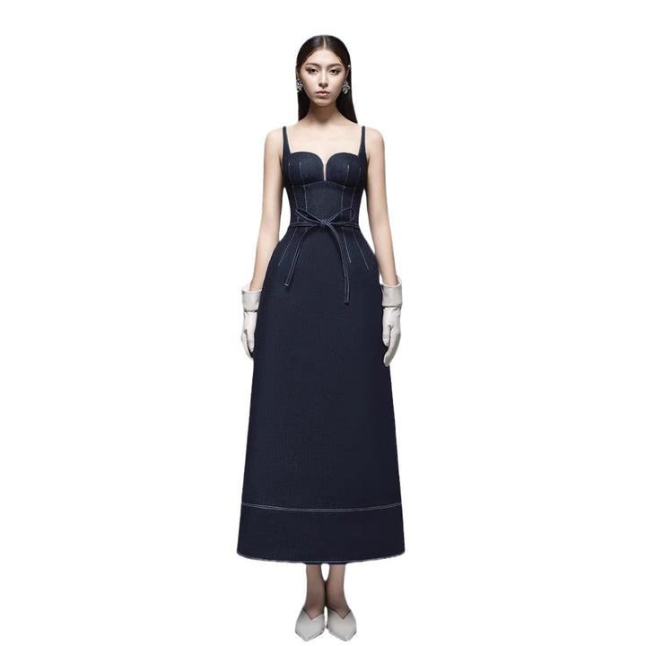 Vintage Retro Sexy Denim Dress with Waist Cinching, Slim Fit Midi Length, Elegant Strapless Dress