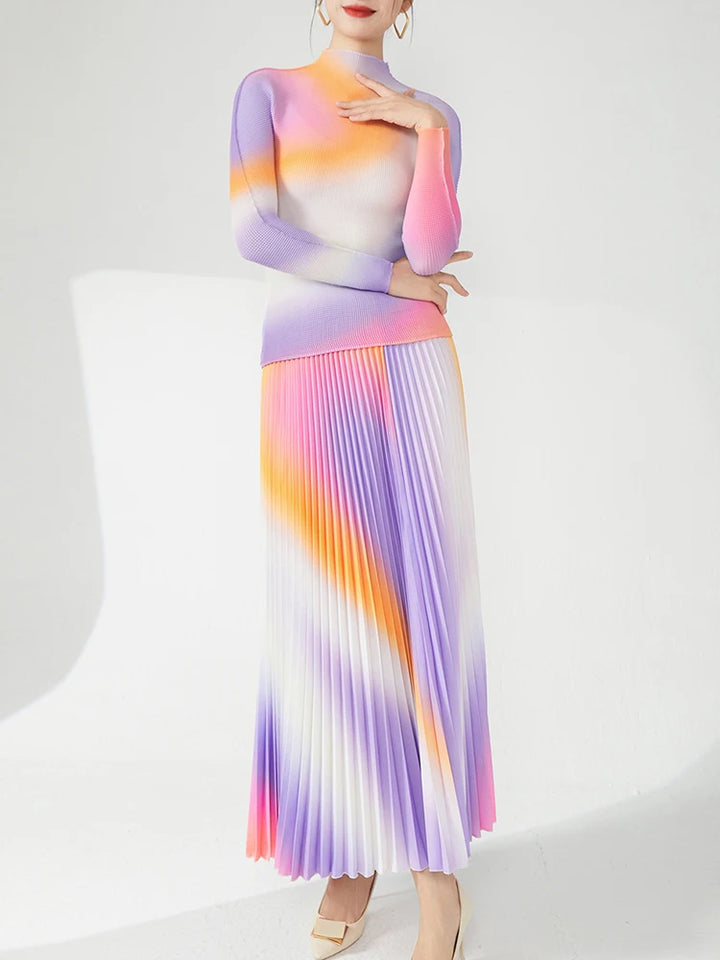 Pleated 2 Pieces Set For Women Half High Collar Full Sleeve Top + A Line Skirt Elegant New Spring