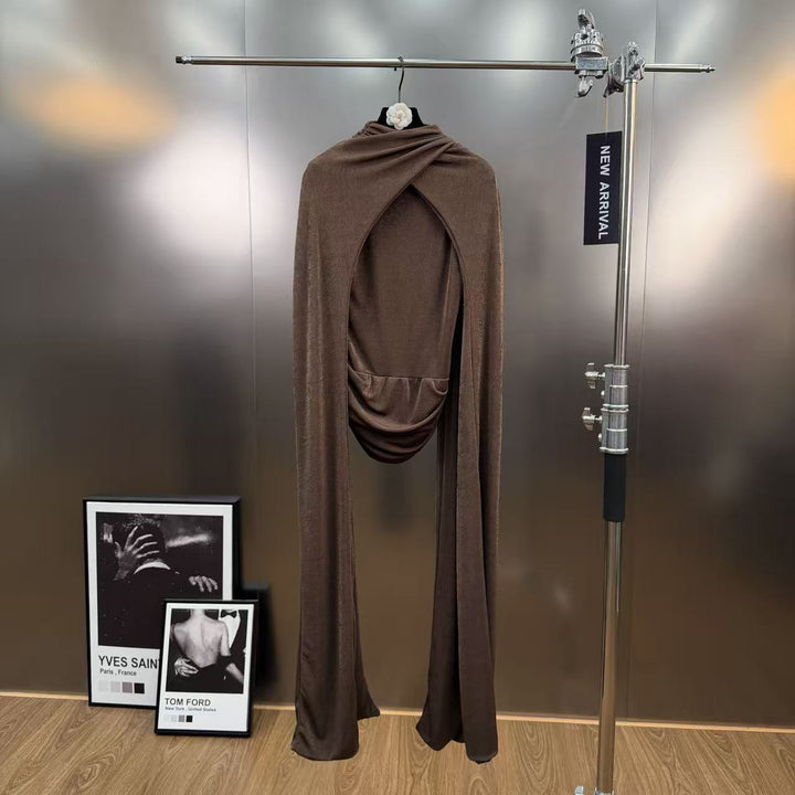 Half high neck pleated waist slimming knitted long sleeved T-shirt