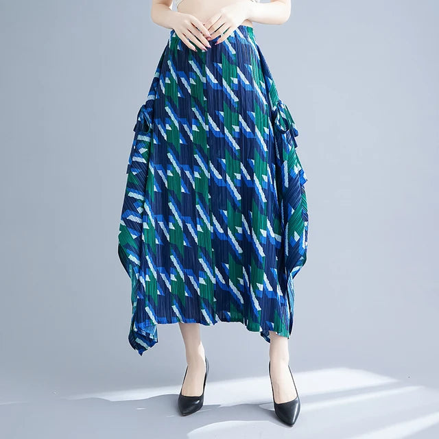 Half length skirt medium length skirt A-line skirt for women irregular pleats thousand bird pattern printed skirt