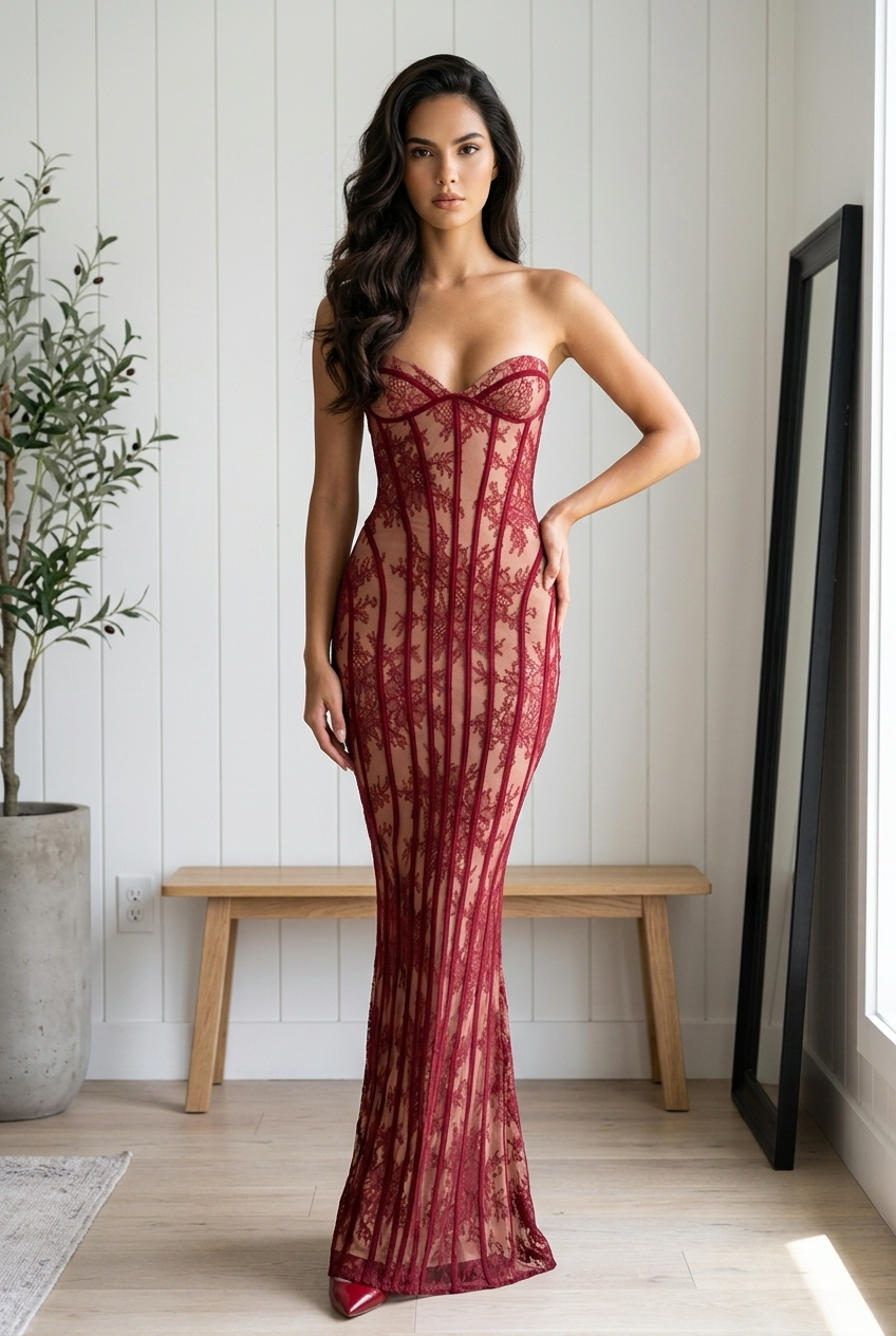 Lace Up Back Strapless Maxi Dress