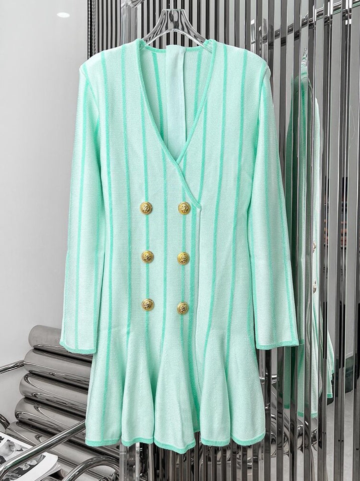 Short Tweed Dress With Gold-Tone Buttons Sexy Green Striped V-Neck Zip Mini Dresses Fall Women&