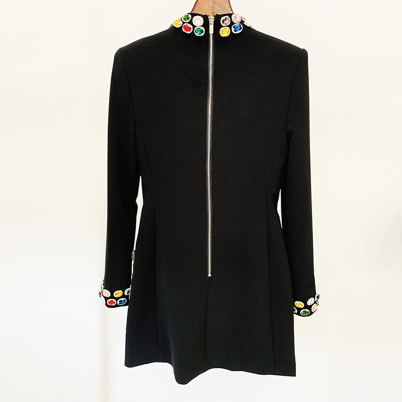 Fashion heavy industry nail bead inlaid diamond colored gemstone long sleeved dress