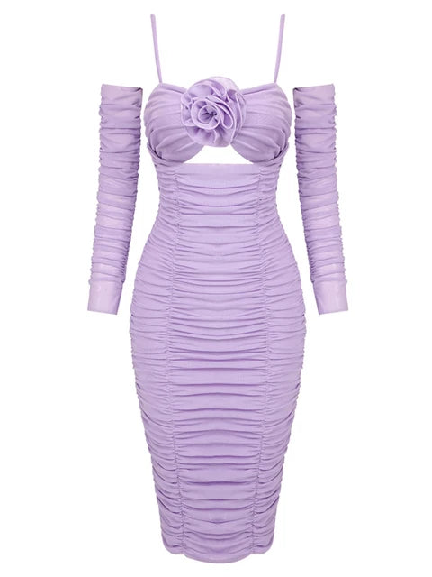 Purple long sleeved dress slim fit one line collar women&