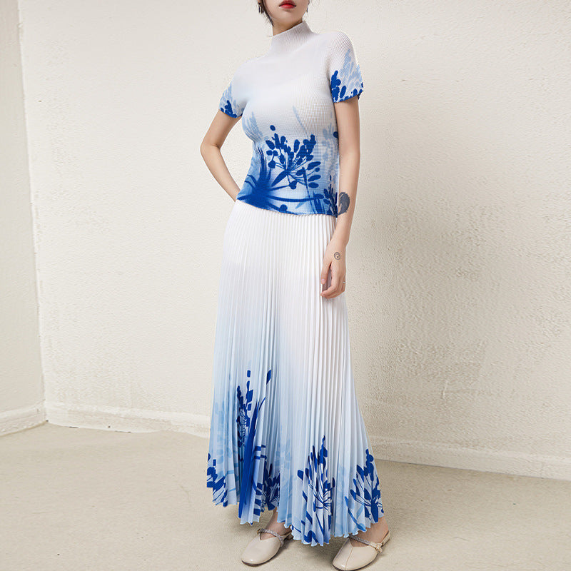 New Pleated d Skirt Fashion Two-Piece SetTop Printe
