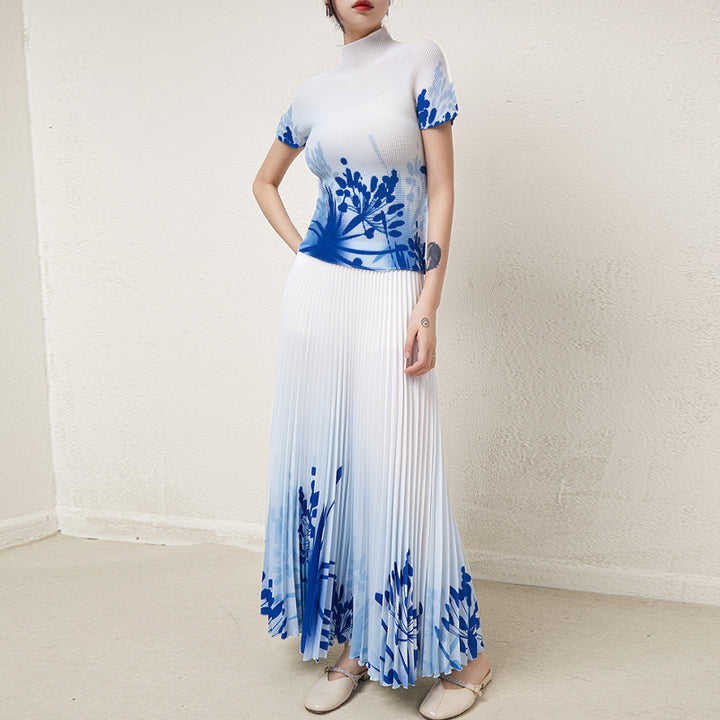 New Pleated d Skirt Fashion Two-Piece SetTop Printe