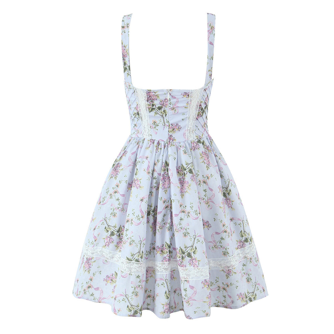 Floral lace patchwork waist cinching suspender dress