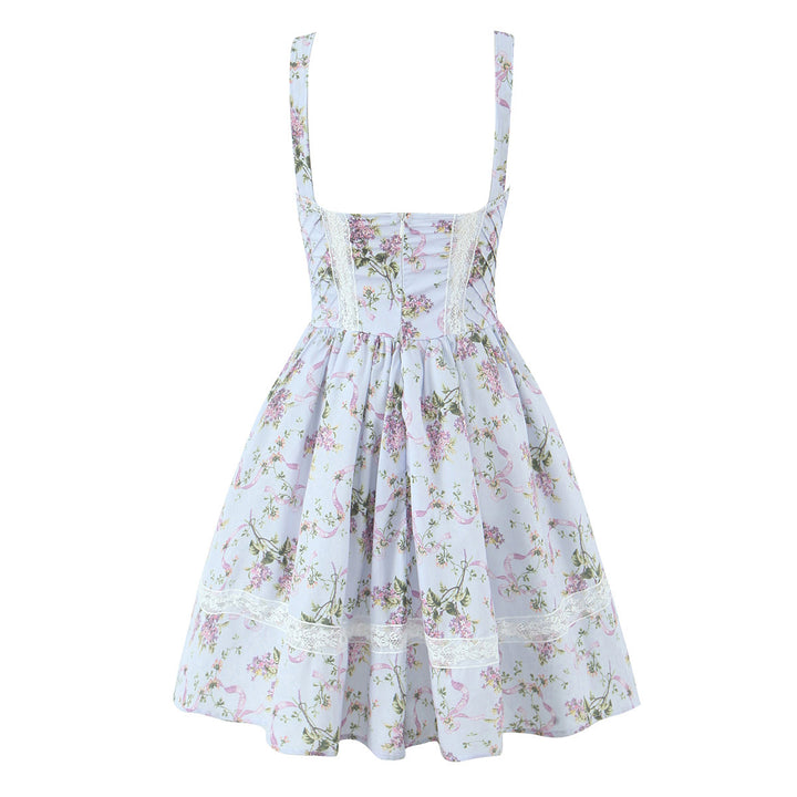 Floral lace patchwork waist cinching suspender dress