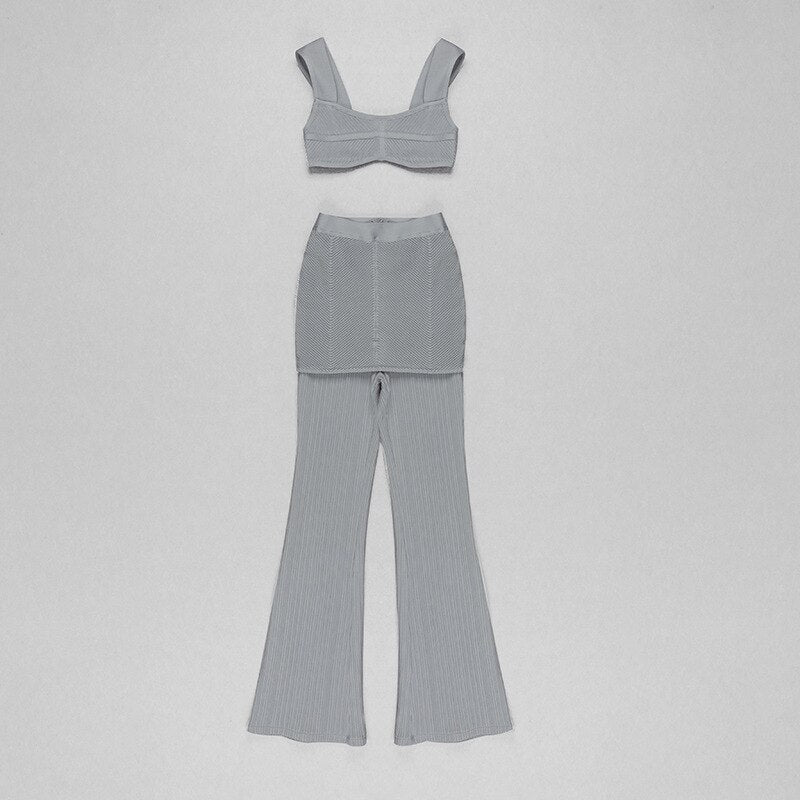 Tank Top Pants Two Piece Set Camisole Stretch Knit Flare Pants Bandage Crop Tops Full Length Pants Suit New High Quality