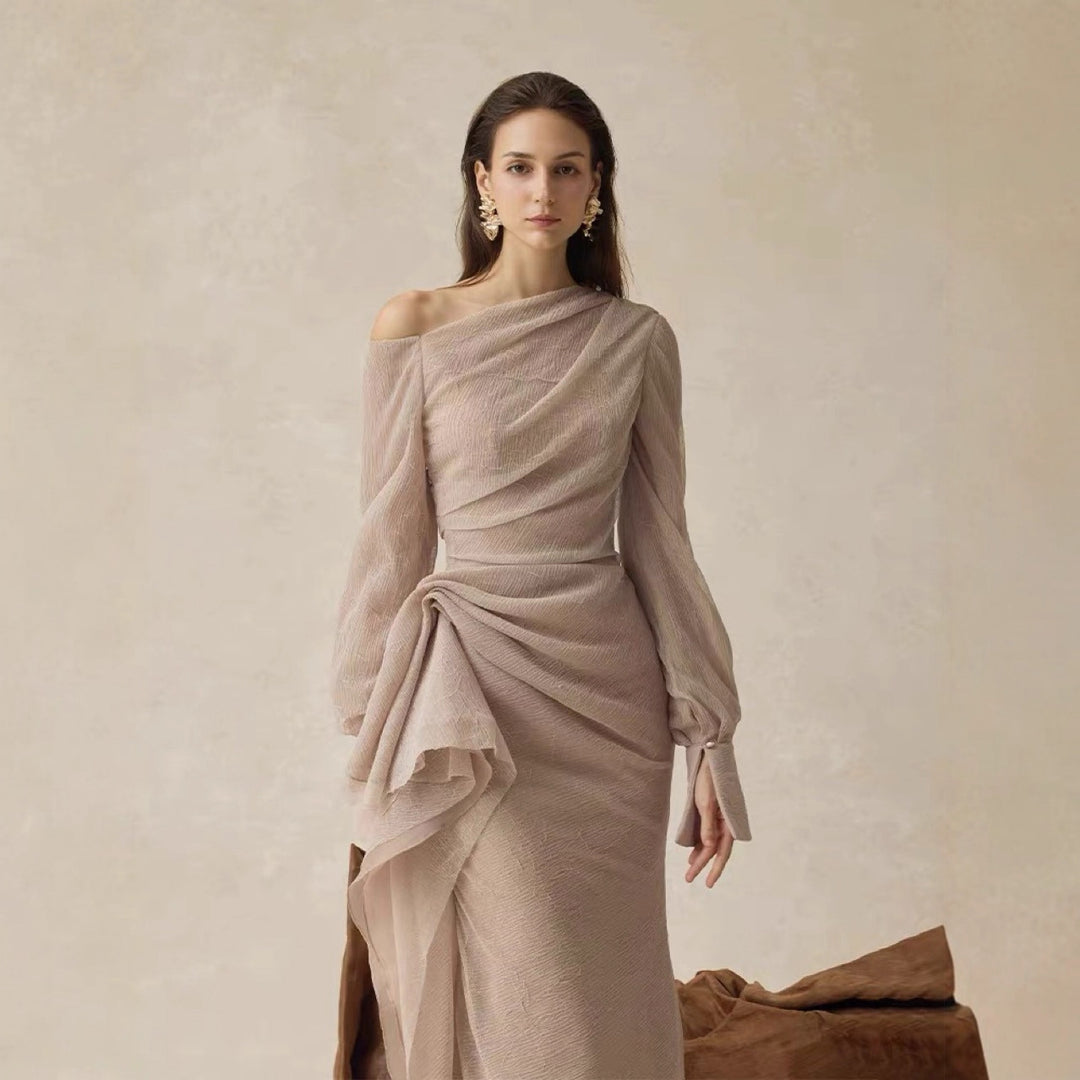 Gentle Style Pleated Long Sleeve Fitted Dress with Asymmetrical Shoulder, Elegant Designer Dress in Khaki