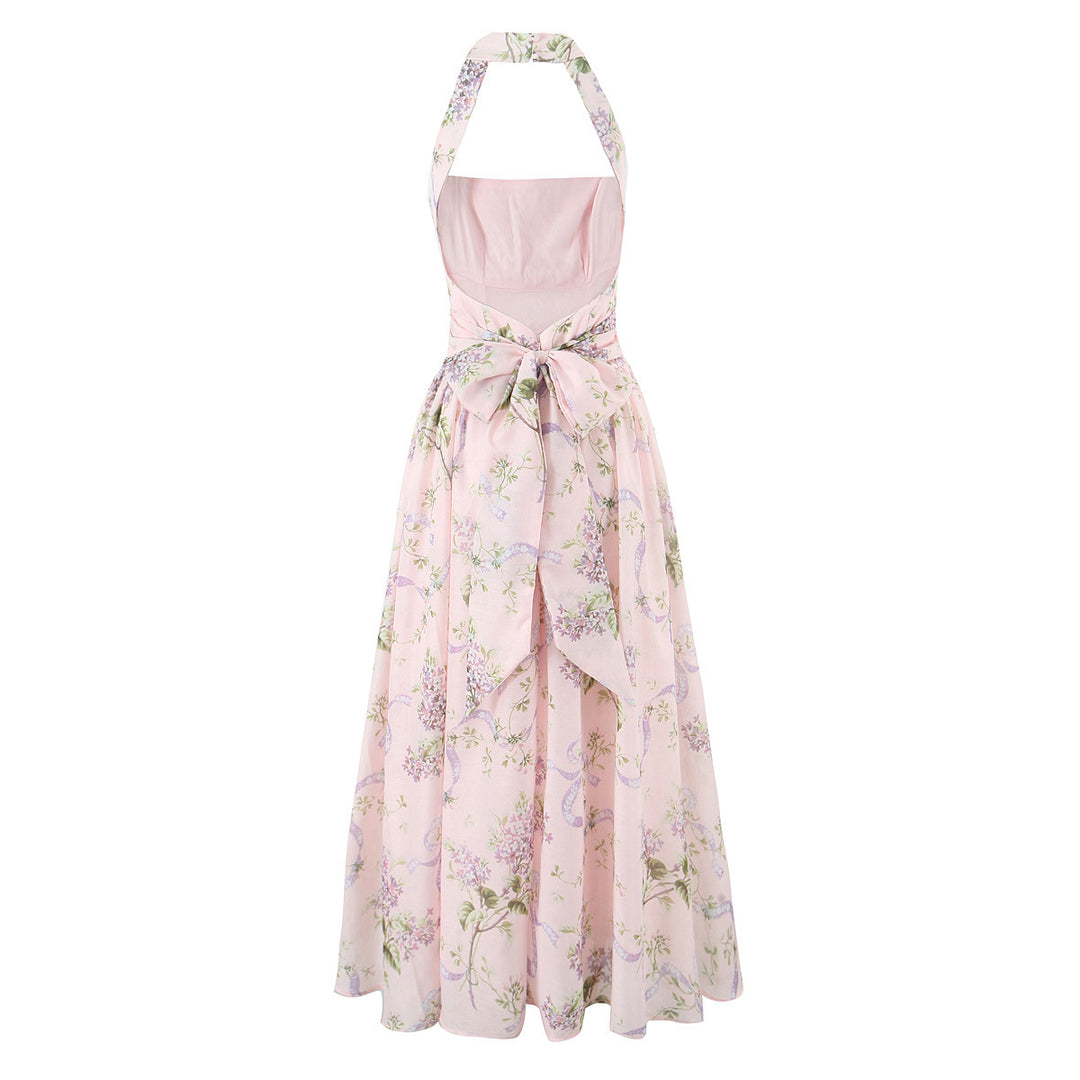 French Halter Square Neck Sexy Fitted Midi Sweet Printed Sleeveless Dress