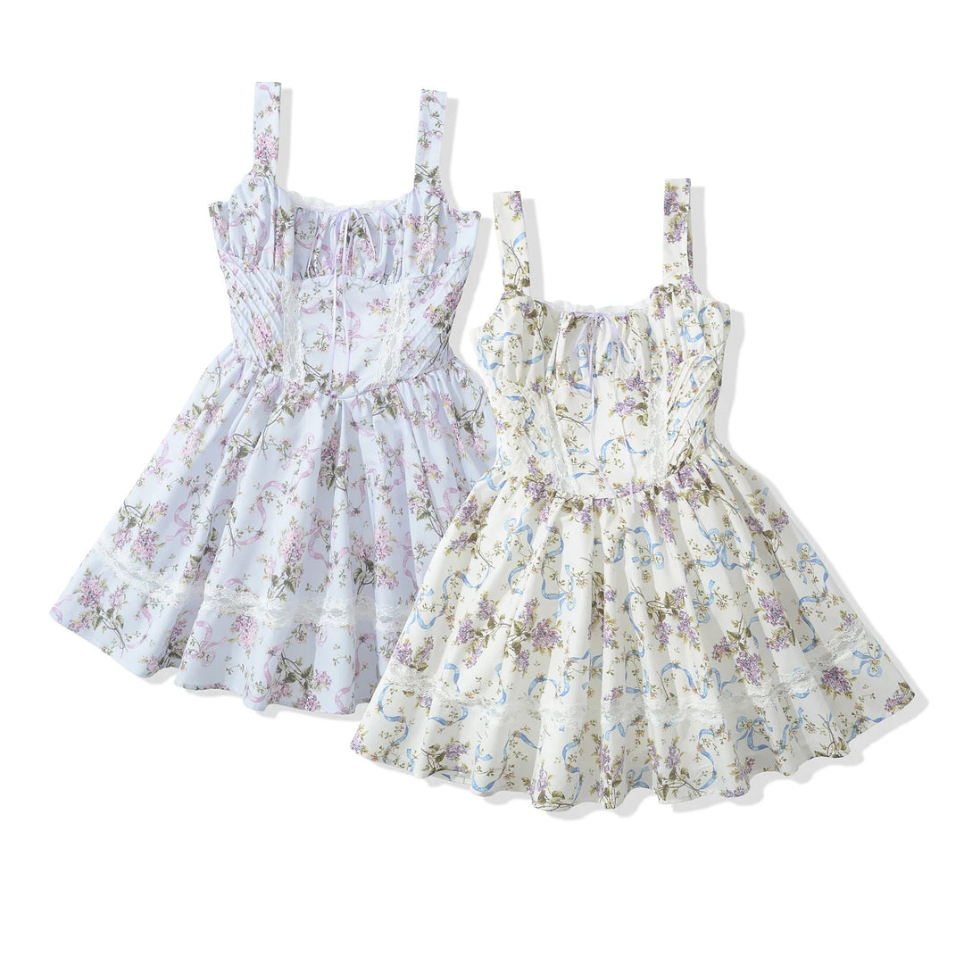 Lace mesh printed suspender dress