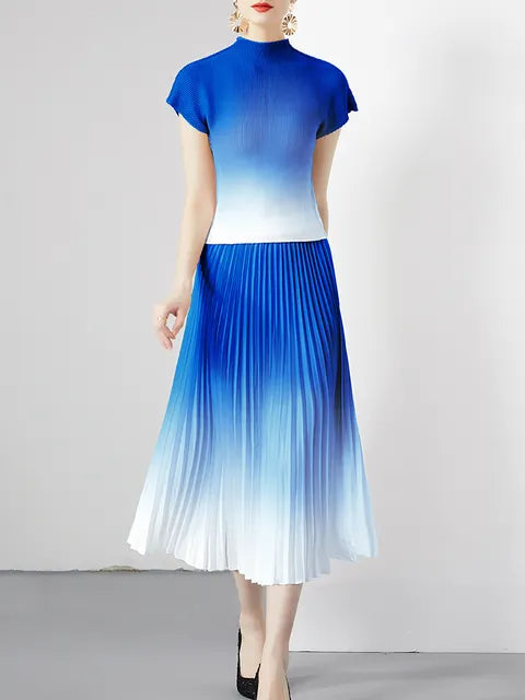 Summer Gradient Pleated Sets For Women Turtleneck Short Sleeve Top Elastic Waist A-line Skirt Female Two Piece