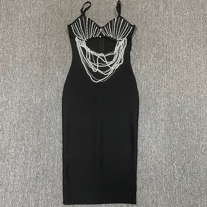 Sexy suspender heavy-duty beaded diamond chain front hollow hip-covering bandage skirt dress