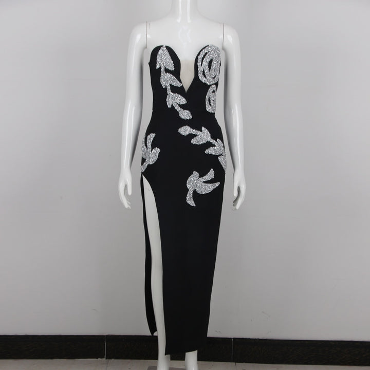 Women Summer Sexy Strapless Backless Sequin Split Black Maxi Long Bodycon Bandage Dress 2023 Elegant Evening Party Club Dresses