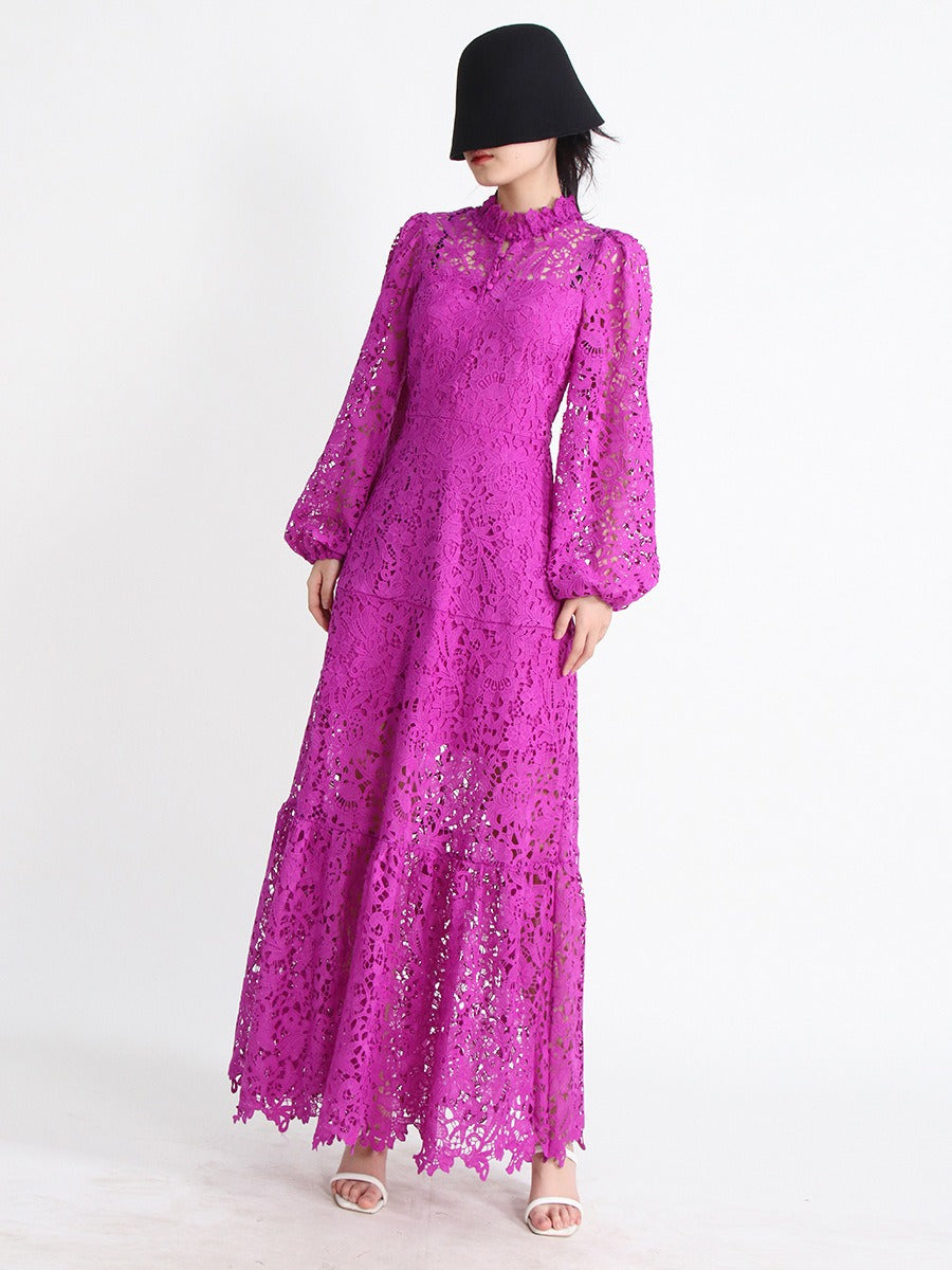 Fashionable lace hollowed out heavy-duty embroidered stand up collar bubble sleeve dress