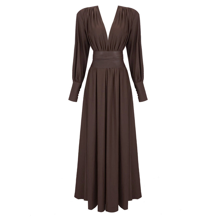 Waist closure pleated French dress in coffee color with V-neck and long sleeves