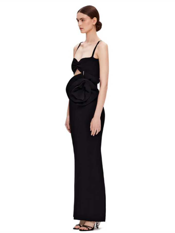 Women Hollow Out 3D Flower Spaghetti Strap Backless Design Celebrity Black Sleeveless Sexy Maxi Bandage Dress Party Gowns