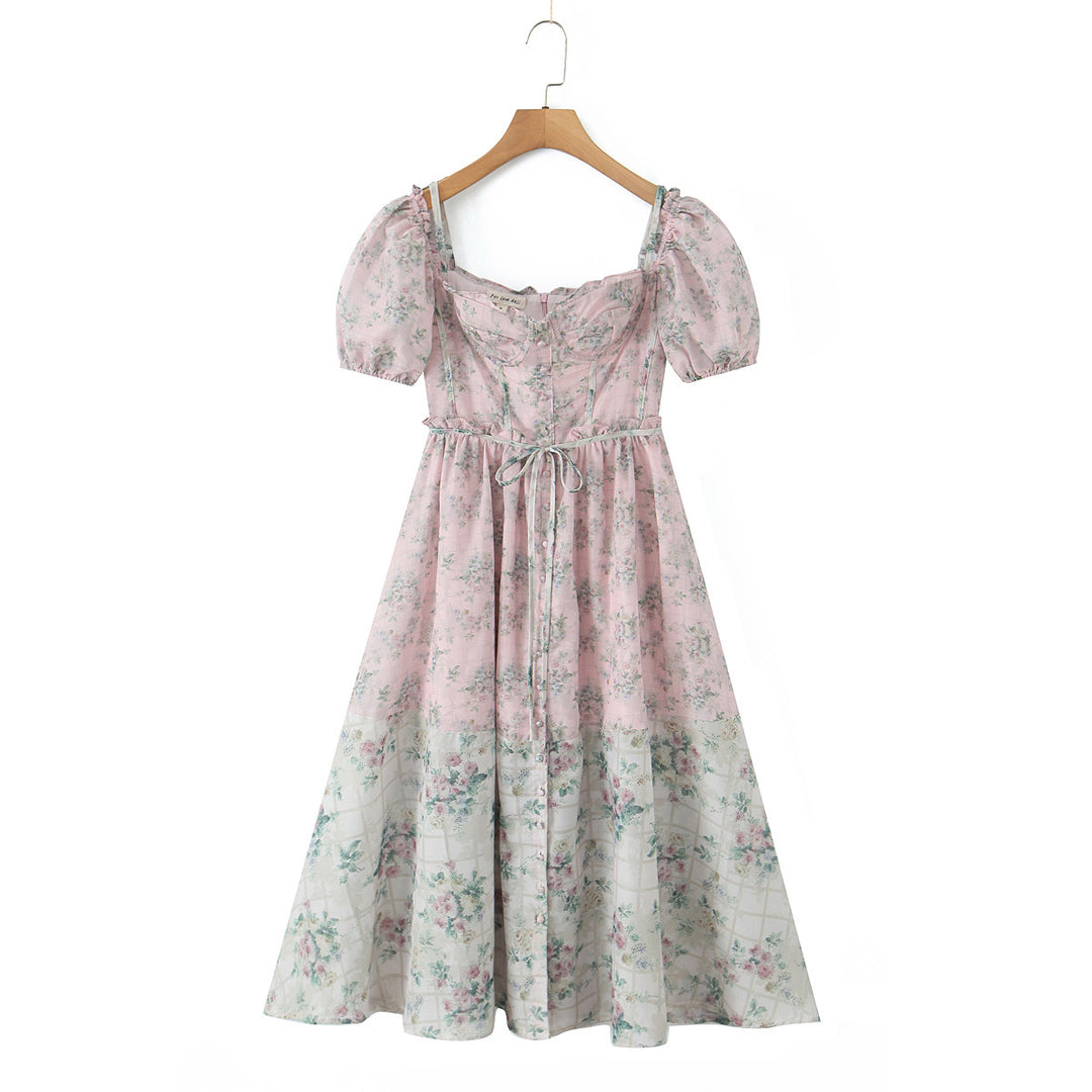 Splicing floral bubble sleeves mid length dress