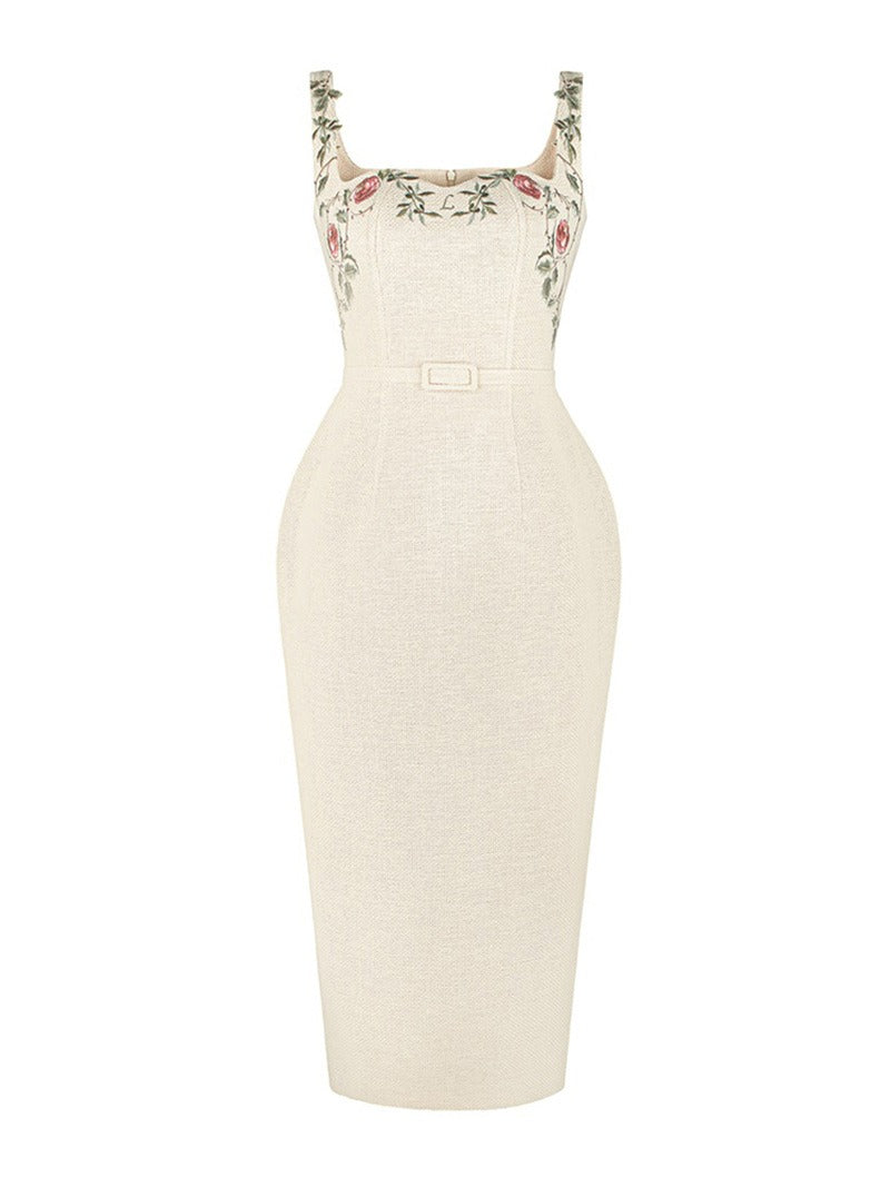 Heavy embroidery dress with straps elegant and hip-hugging skirt
