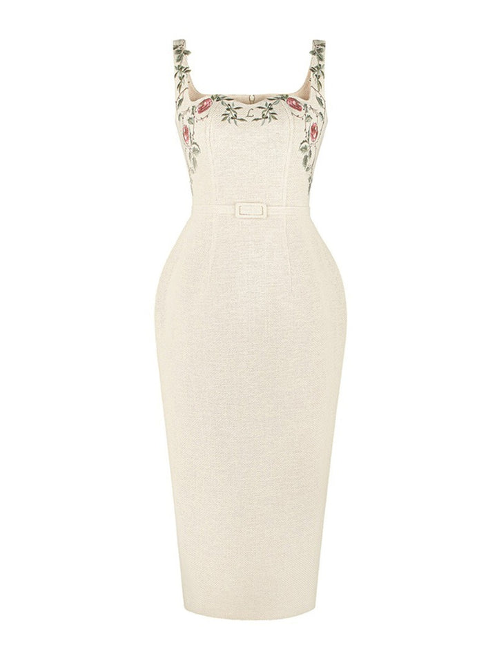 Heavy embroidery dress with straps elegant and hip-hugging skirt