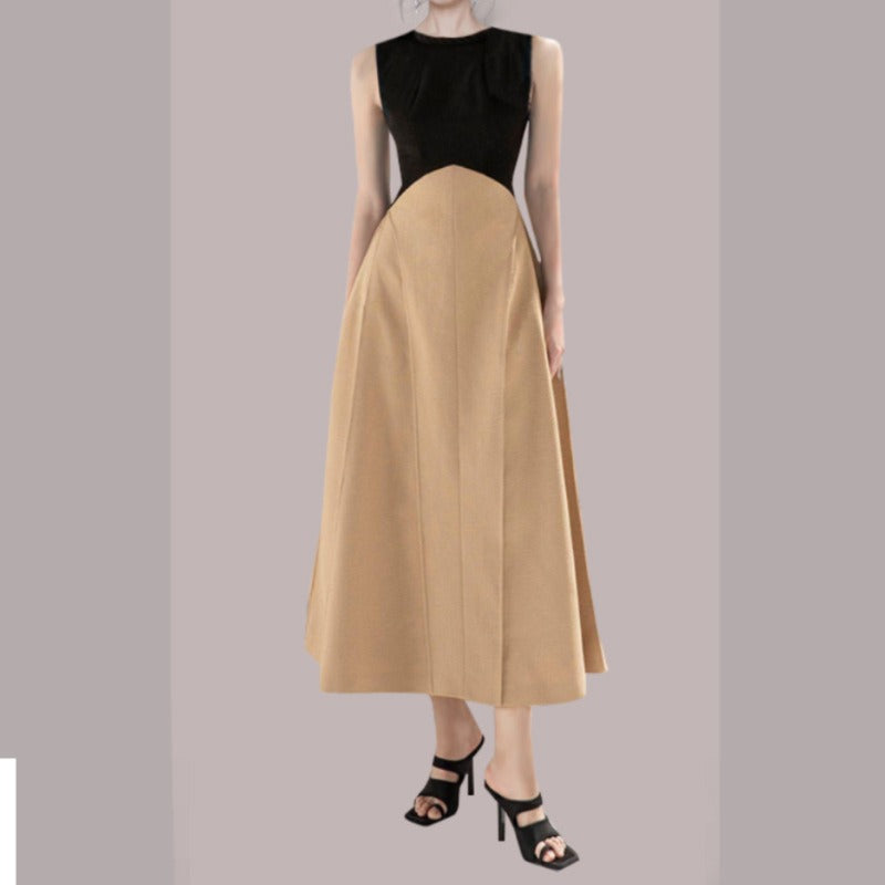 Hit Color Summer Dresses For Women Round Neck Sleevless High Waist Folds Slim Pullover Dress
