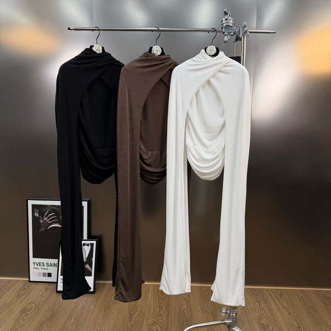 Half high neck pleated waist slimming knitted long sleeved T-shirt