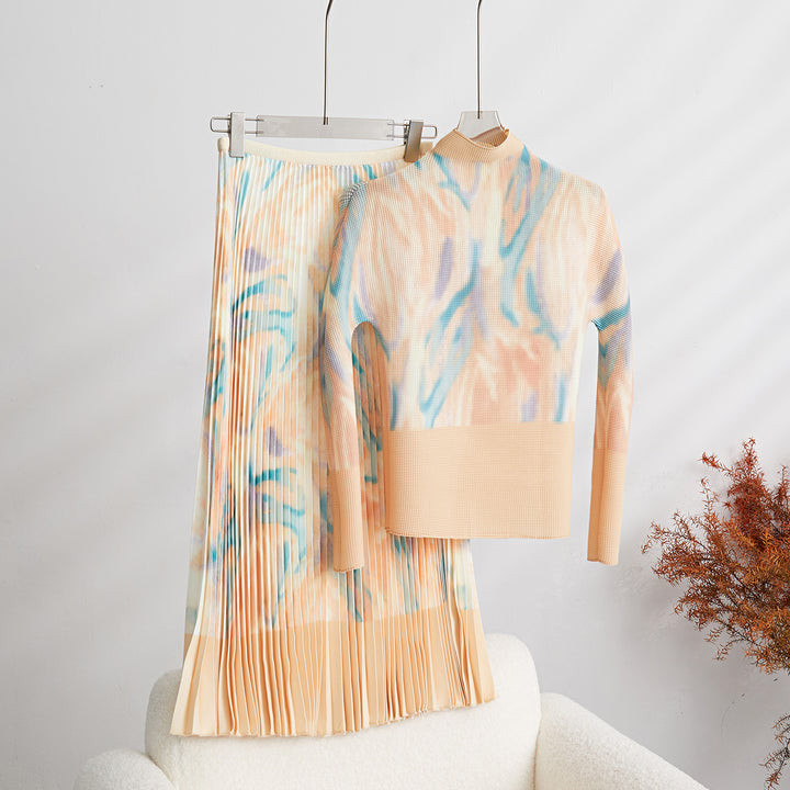 Fashion Print Pleated 2 Pieces Set Women&