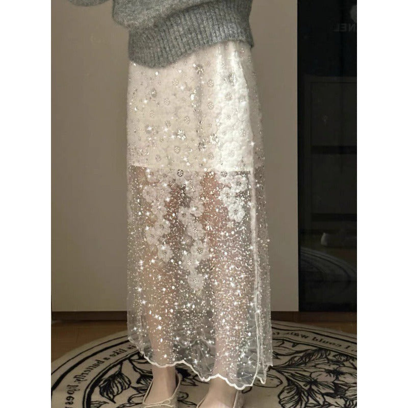 Fashionable and westernized heavy industry half skirt, versatile floral gauze skirt