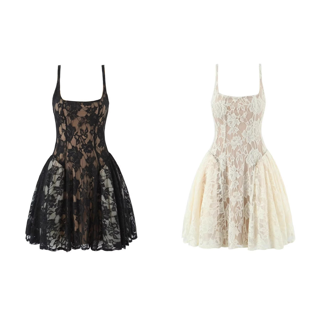 Splicing lace mesh slim fit suspender dress