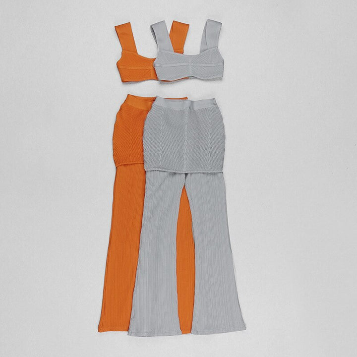 Tank Top Pants Two Piece Set Camisole Stretch Knit Flare Pants Bandage Crop Tops Full Length Pants Suit New High Quality