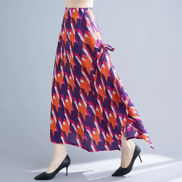 Half length skirt medium length skirt A-line skirt for women irregular pleats thousand bird pattern printed skirt