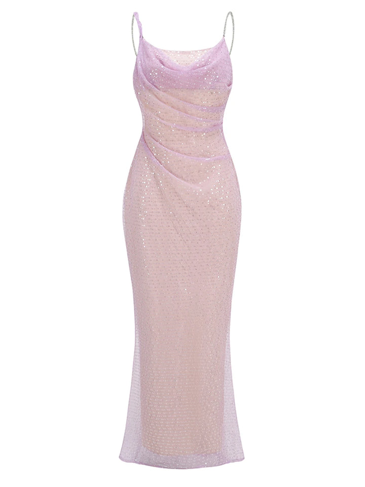 Summer New Chain Strap Sexy Sequins Backless Beaded Mesh Long Dress Slim Fit Celebrity Evening Party Gowns