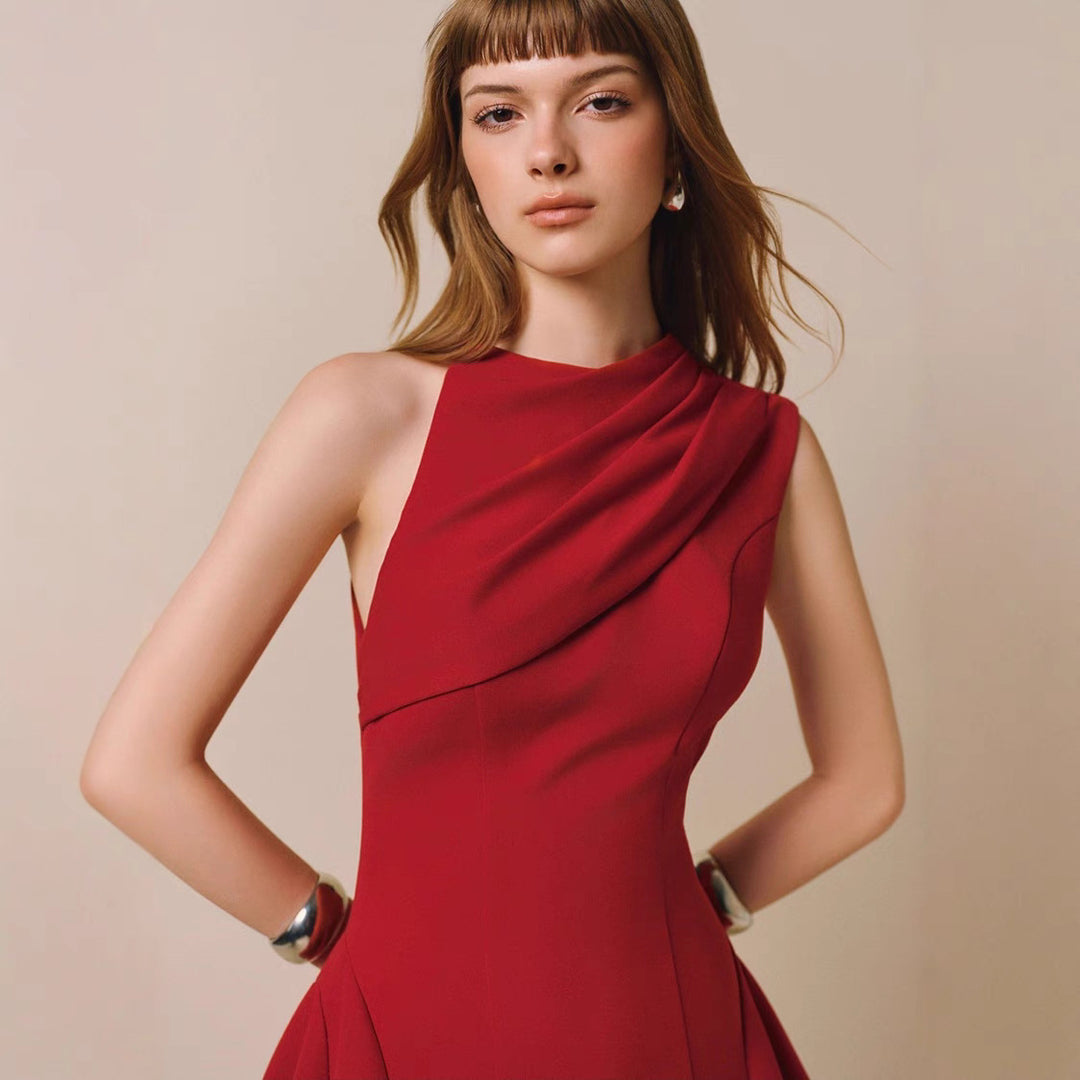 Elegant High-Quality Cape Sleeveless Dress with Design Sense and Noble Charm, Red Dress