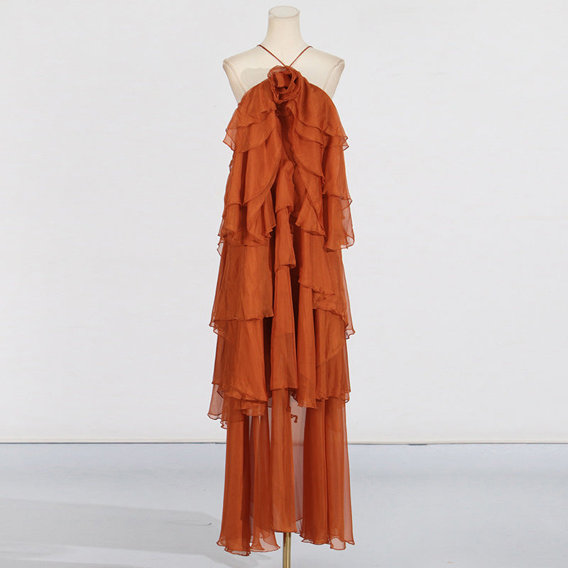 Splicing lotus leaf edge skirt with hanging neck and exposed back design long dress for women