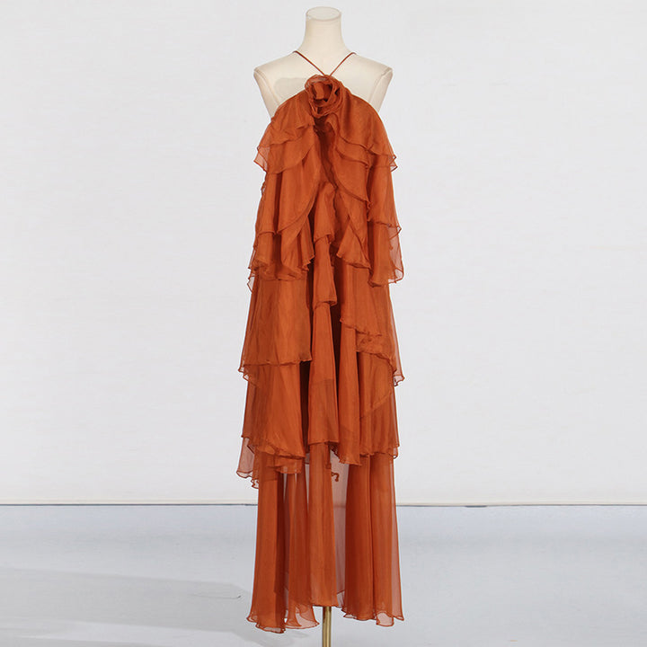 Splicing lotus leaf edge skirt with hanging neck and exposed back design long dress for women