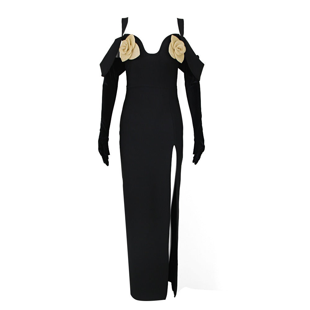Fashionable and sexy black long-sleeved tube top suspender dress with bandage and slim flowers