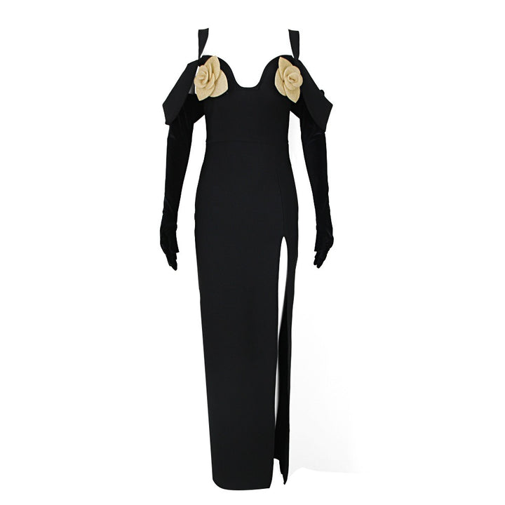 Fashionable and sexy black long-sleeved tube top suspender dress with bandage and slim flowers