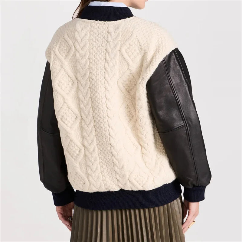 New in Korean Fashion Contrast Knit Panel down coats Wool blend long sleeved top Warm thick coat