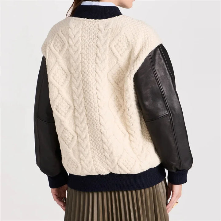 New in Korean Fashion Contrast Knit Panel down coats Wool blend long sleeved top Warm thick coat