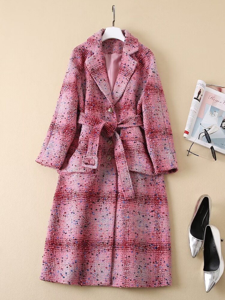 Retro Style Single Breasted Red Plaid Printed Long Sleeved Lace Windbreaker Coat Women&