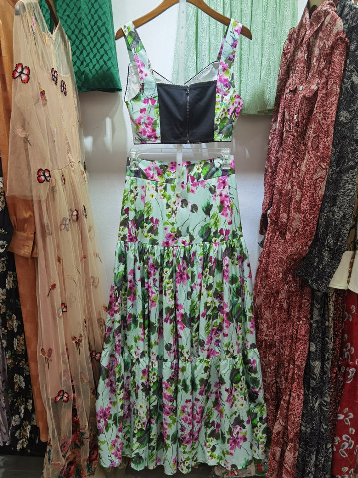 Spring And Summer Quality New Ladies Temperament Mid-Length Cotton Green Skirt Suit Tube Top + High Waist Printed Long Skirt