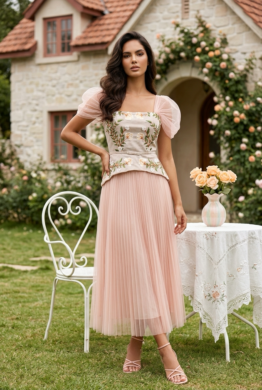 Embroidered Tulle Pleated Midi Dress