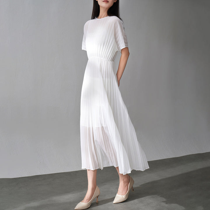 Short sleeved waist cinching solid color pleated skirt