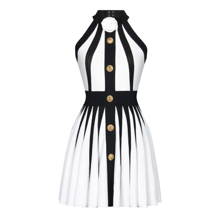 Summer new sleeveless three-dimensional flower slim knit hanging neck dress with back zipper skirt