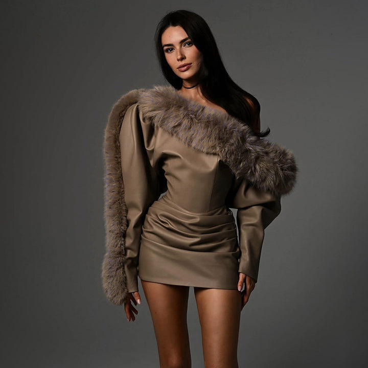 Style Fashion Chic Street Trend Leather Fur Collar Patchwork Asymmetrical Neckline Dress