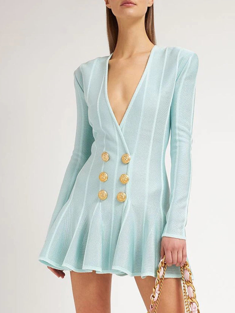Short Tweed Dress With Gold-Tone Buttons Sexy Green Striped V-Neck Zip Mini Dresses Fall Women&