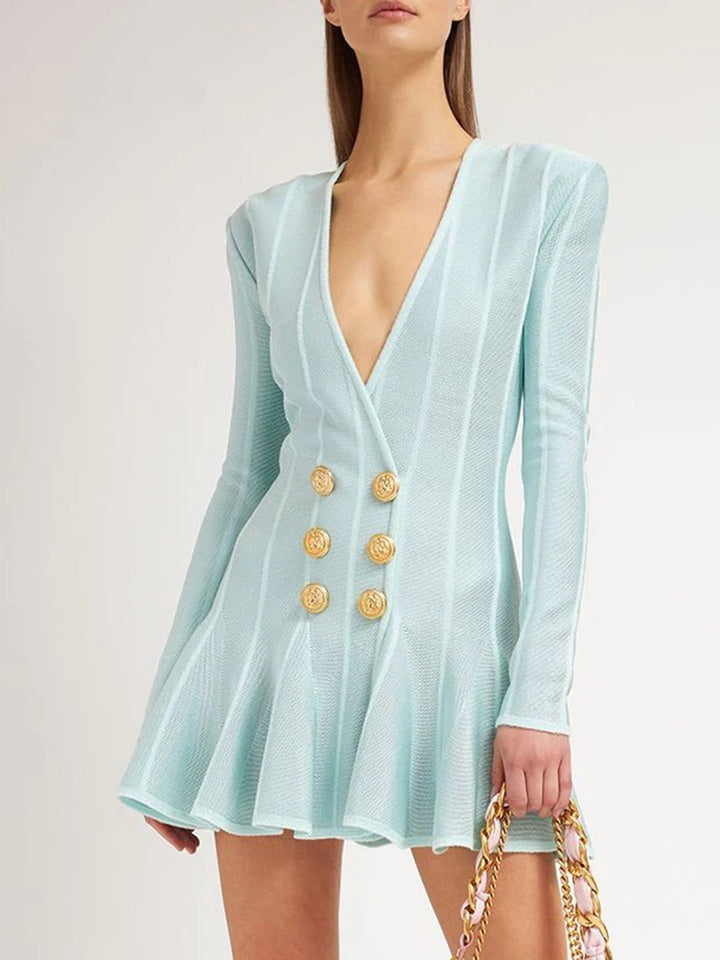 Short Tweed Dress With Gold-Tone Buttons Sexy Green Striped V-Neck Zip Mini Dresses Fall Women&