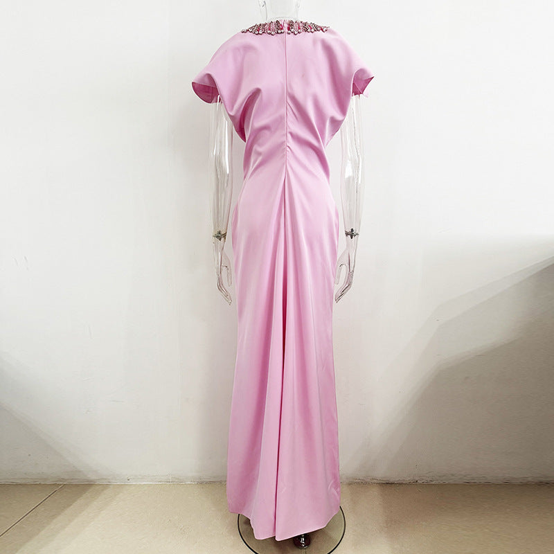 Nail bead diamond bat sleeve long dress